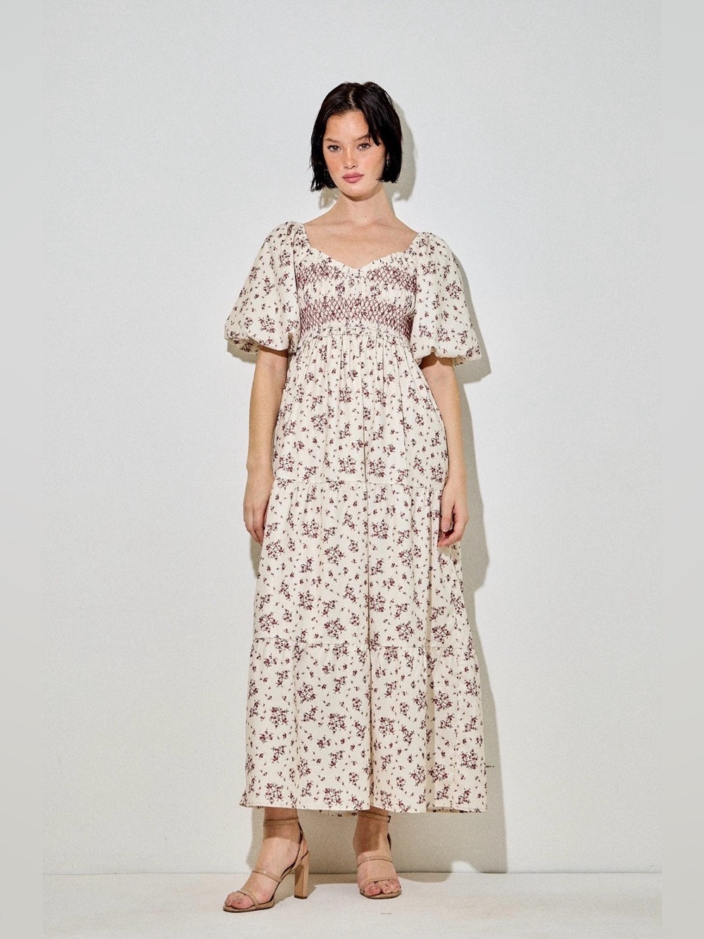 A426. Floral Smocked Empire Waist Maxi Dress - Cream with Red Floral